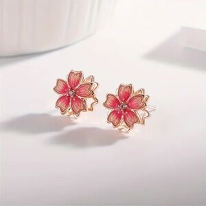 Pink Floral Enamel Stud Earrings Gold Tone Petite Flower Jewelry NWT